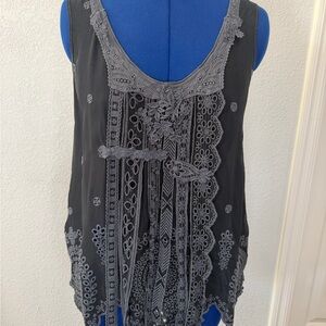 Johnny Was Black Sleeveless Embroidered Camisole with Gray Lace Detail